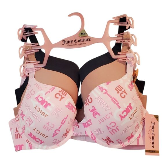 NWT JUICY COUTURE SZ 36B 3 Pack Comfort Push-Up T-shirt Bras Pink Tan Black - Picture 1 of 6